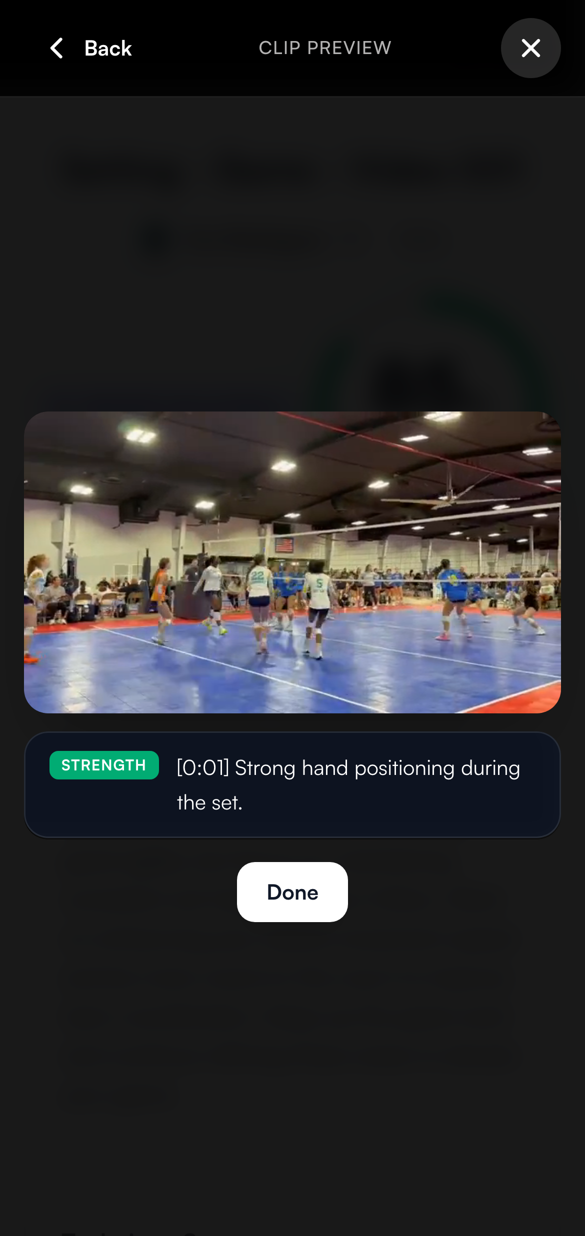 A short clip playing with a strength caption: Strong hand positioning during the set, at the 0:01 mark