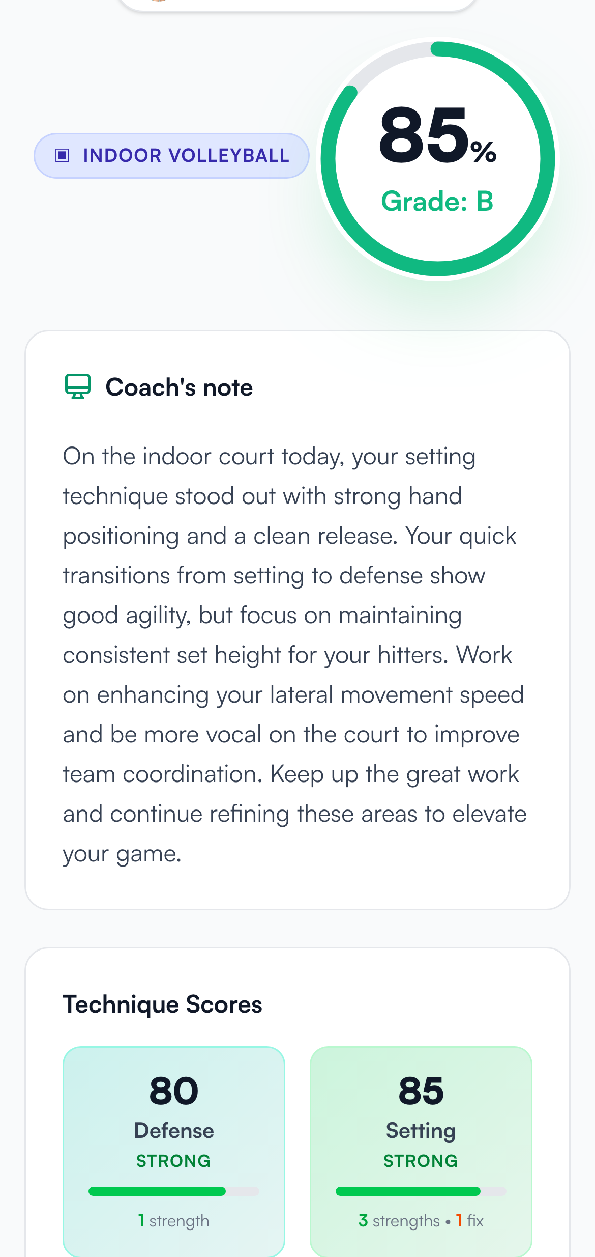 Overall score 85%, Grade B, with a coach's note about setting technique