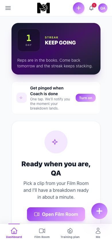 ModernCoach athlete dashboard showing score, streak, and next step